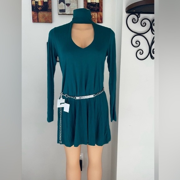 37) NWT FOREVER 21 Green Cut Out Long Sleeve Mini Dress Size L - Picture 5 of 6